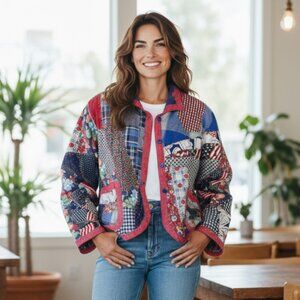 Vtg Kay Louise OOAK Red White Blue Patchwork Cotton Jacket Boho Handmade M/L